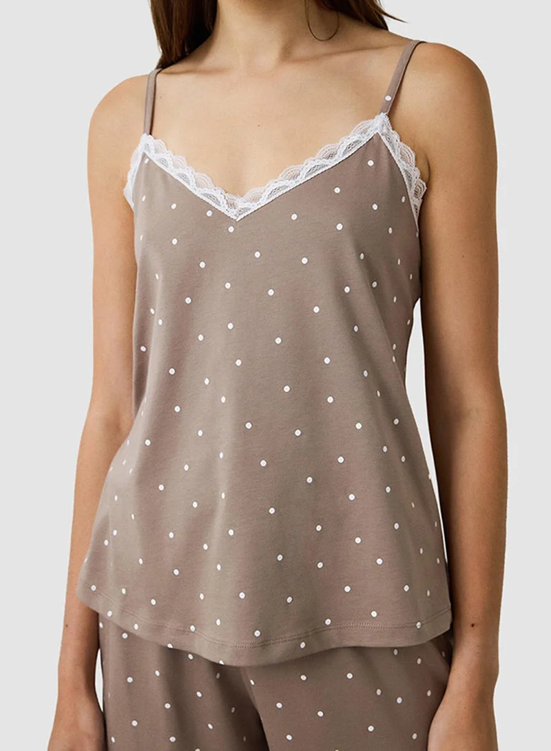 بنتي Mia Mocha Lace Polka Dot V-Neck Sleeveless Pajama Set